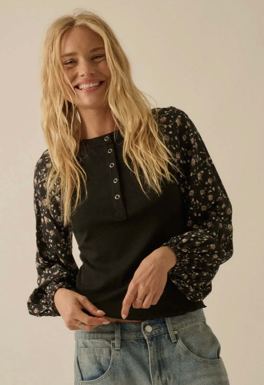 Floral Bubble Sleeve Henley Top