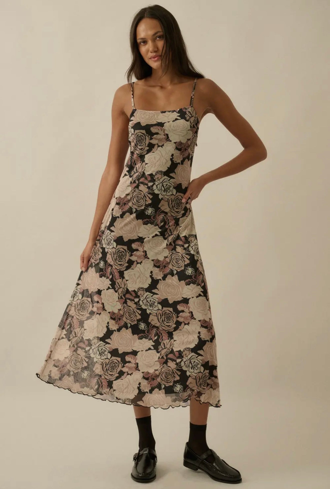 Floral Print Mesh Slip Dress