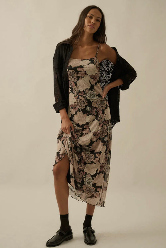 Floral Print Mesh Slip Dress