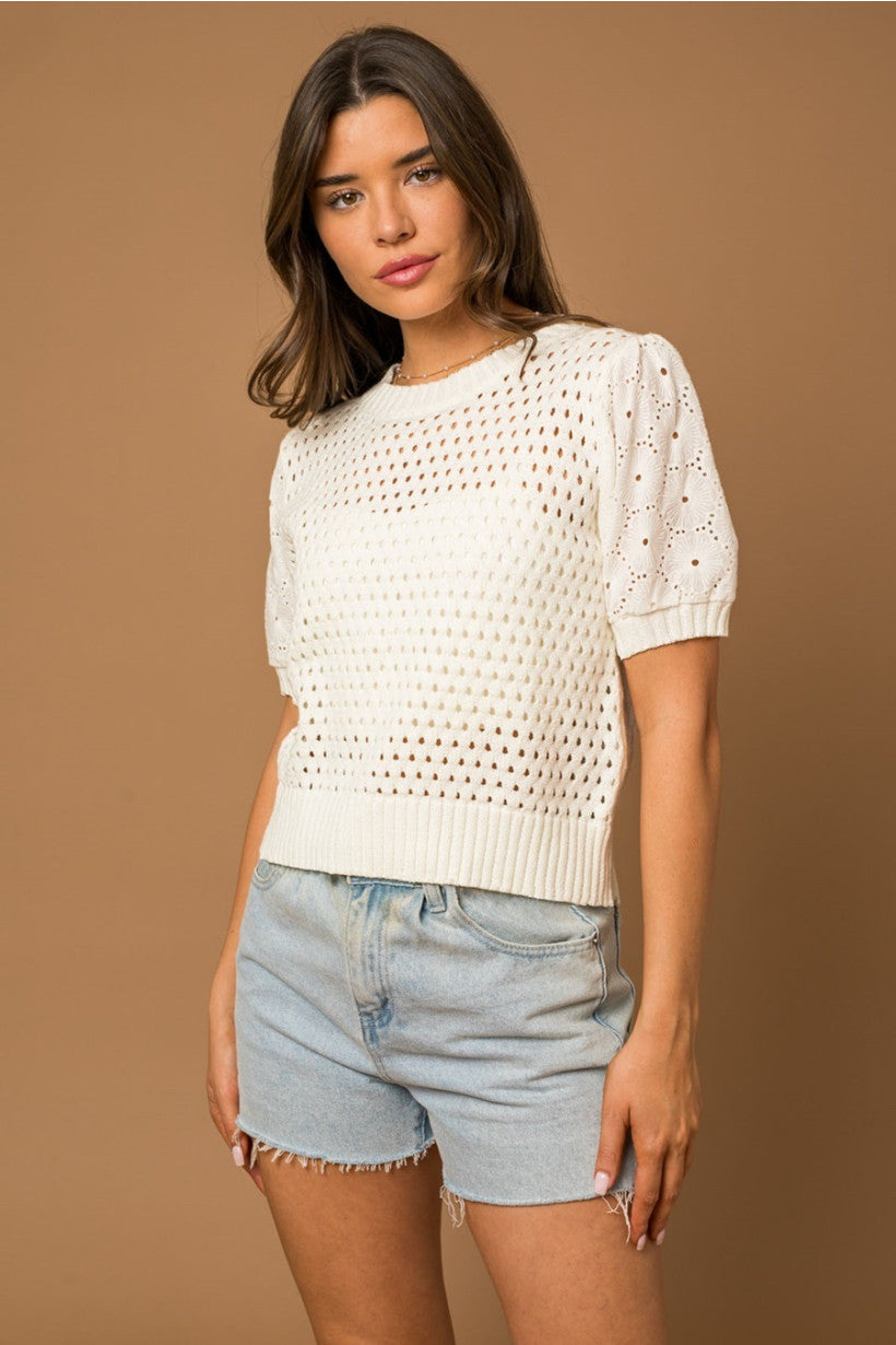 Eyelet Puff Sleeve Sweater