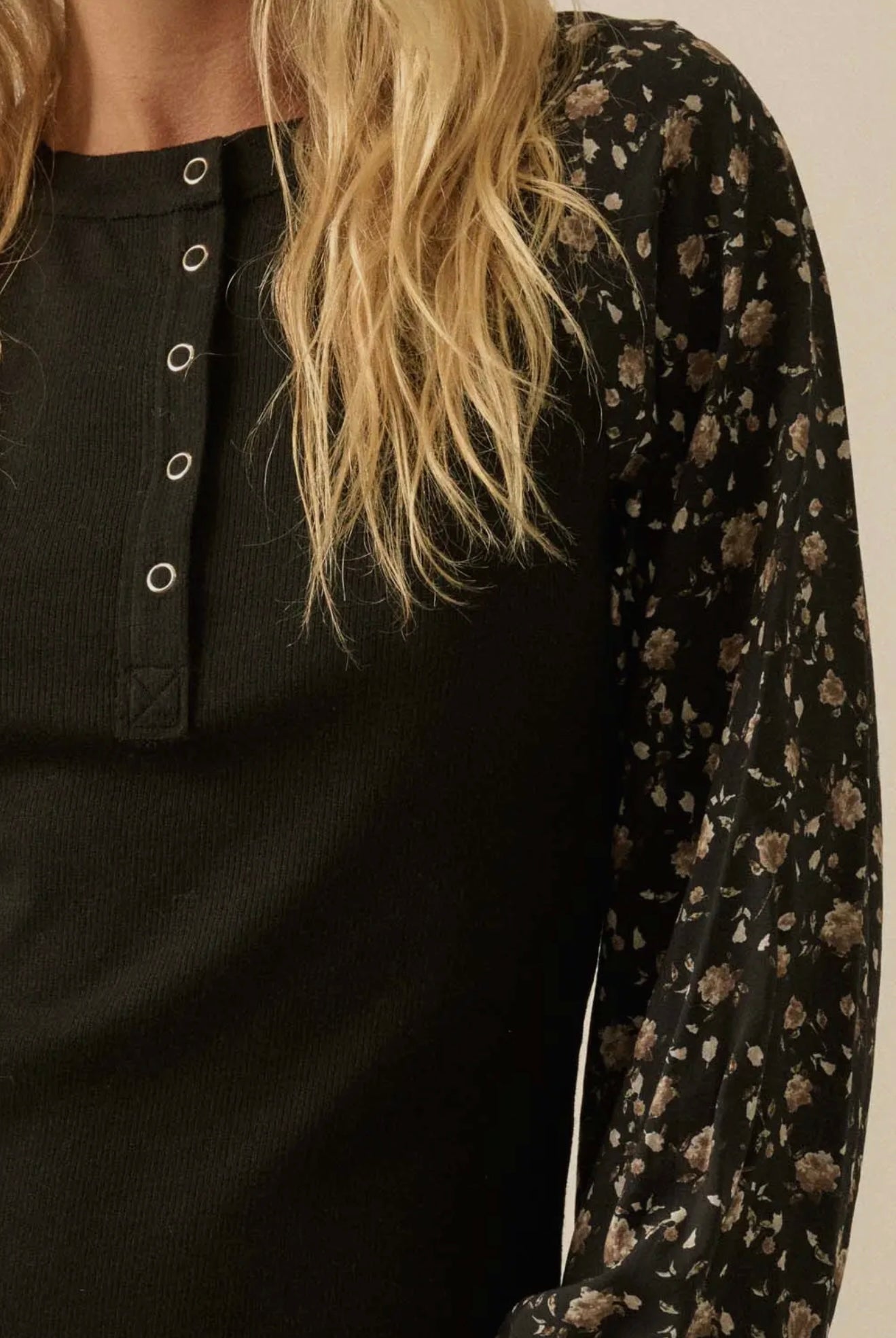 Floral Bubble Sleeve Henley Top