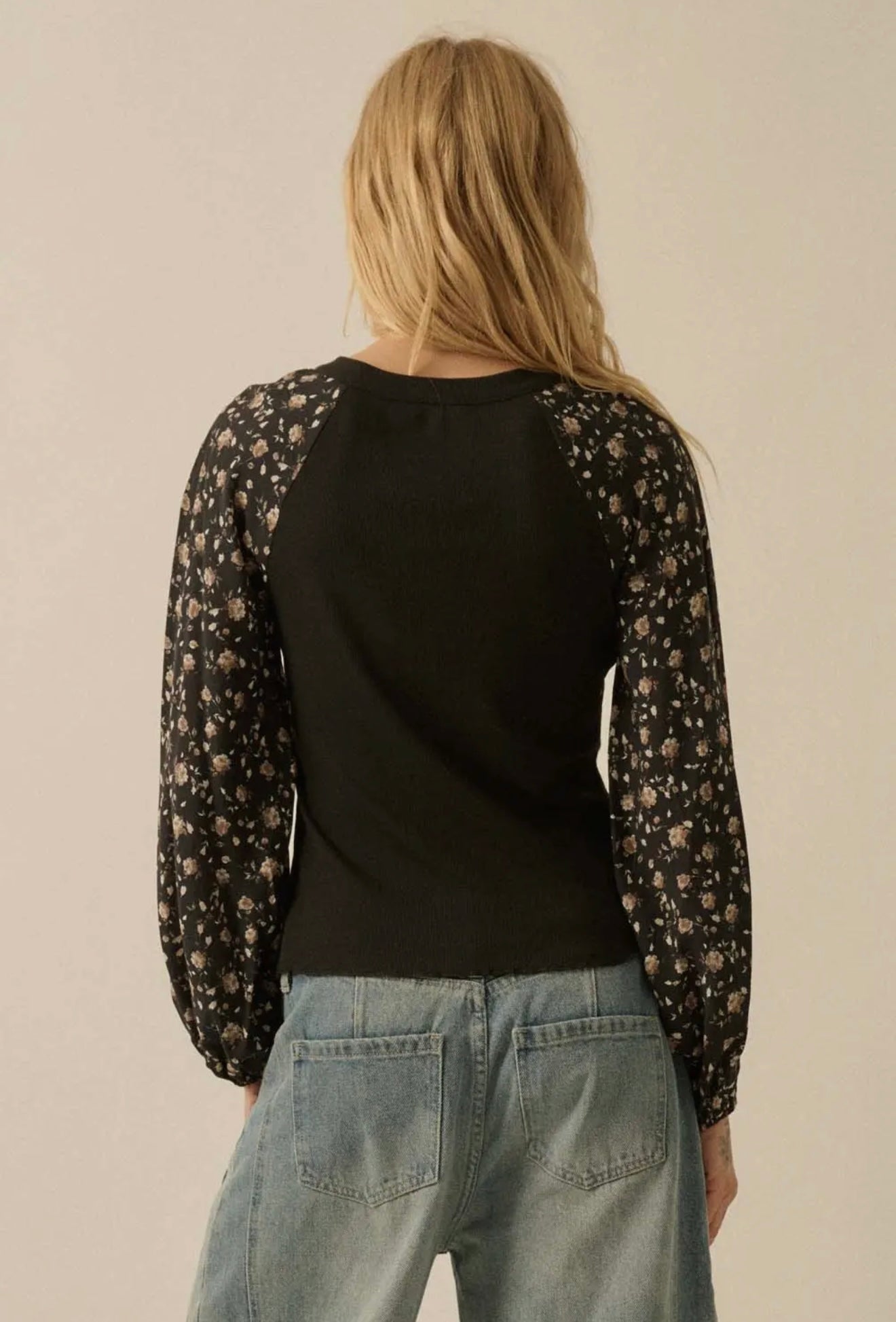Floral Bubble Sleeve Henley Top