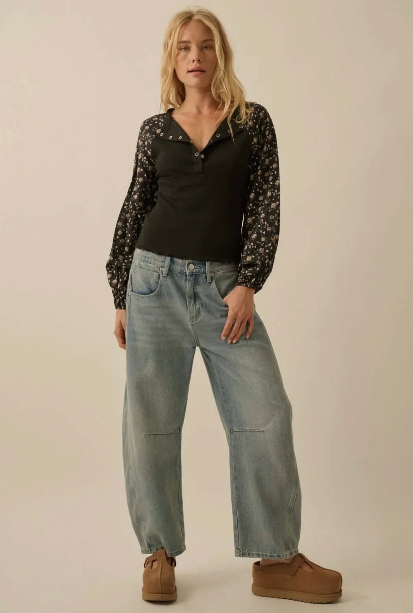 Floral Bubble Sleeve Henley Top