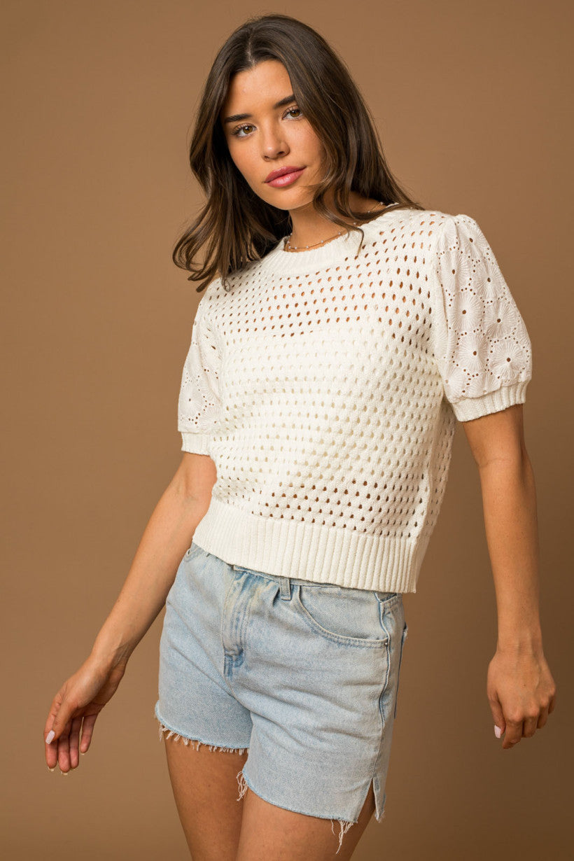 Eyelet Puff Sleeve Sweater
