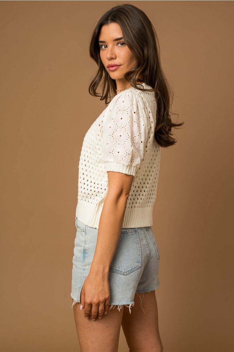 Eyelet Puff Sleeve Sweater